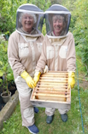Jo and Pam collecting honey from the hive